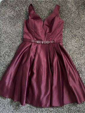 May Queen Burgundy Satin Prom Dress with Jeweled Waist